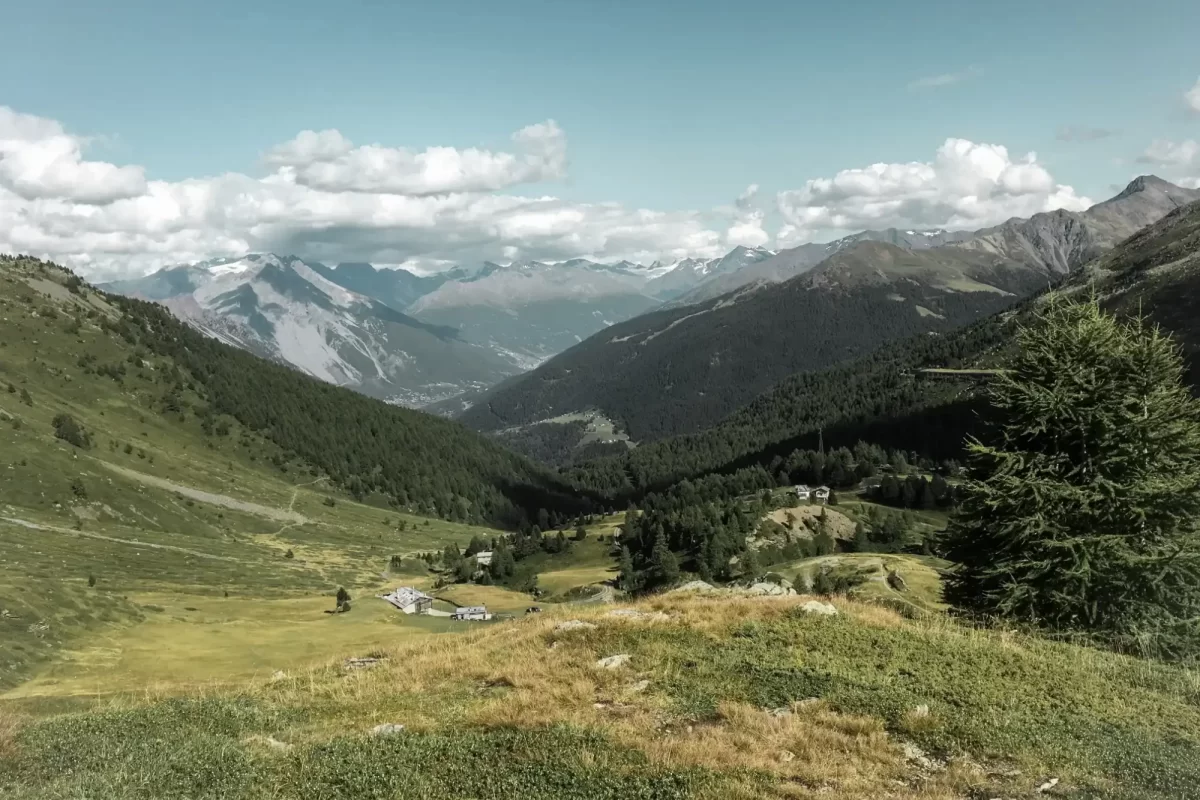 Vista panoramica di una valle alpina con prati verdi e montagne sullo sfondo.
